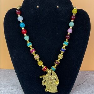 Indian Radha Krishna Gold Tone Beaded Pendant Necklace